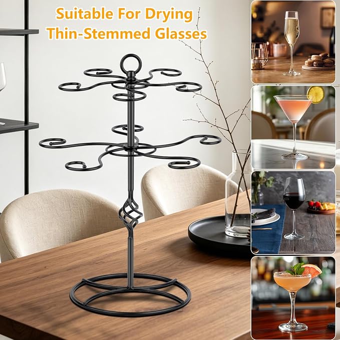 QPIX DIGITAL Wine Glass Rack 2 Tier 10 Holders Wine Glasses Stand, Black Champagne Tower Stand Countertop Tabletop Stemware Rack for Home and Bar Storage,Wine Glass Display Easy Assembly