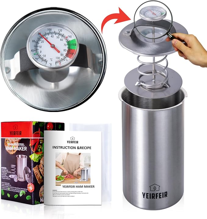 Ham Press with Large Dial Thermometer, 304 Stainless Steel Deli Meat Maker with Cool-Touch Handle for Homemade Healthy Lunch Meat, Includes 20 Cooking Bags & Recipes - YEIRFEIR