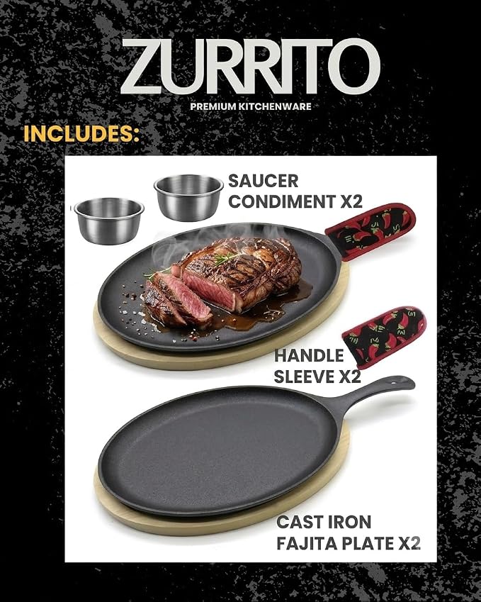 2x Fajita Skillet with Saucers, Cast Iron Hot Plate, Fajita Kit, Sizzling Plate with Wooden Base, Fajita Skillet Set, Sizzle Platter, Cast Iron Serving Dishes, Steak Plates for Eating