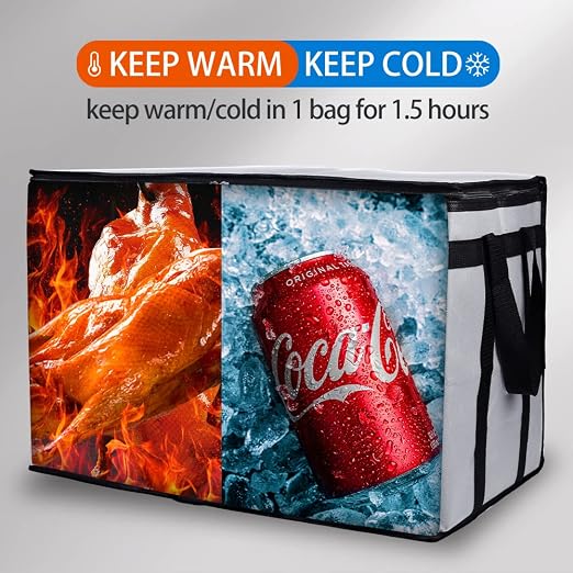 Bodaon Insulated Food Delivery Bag, XXX-Large, Grocery Bags, Grey, 1-Pack | Grocery Tote Insulation Bag for Catering/Drivers for Hot and Cold Meal, Pizza Warmer, Cooler Bag, Food Warmers for Parties