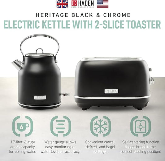 Haden Heritage 2 Slice Wide Slot Stainless Steel Toaster Bundled with 1.7 Liter Stainless Steel Electric Water Kettle, Black & Chrome