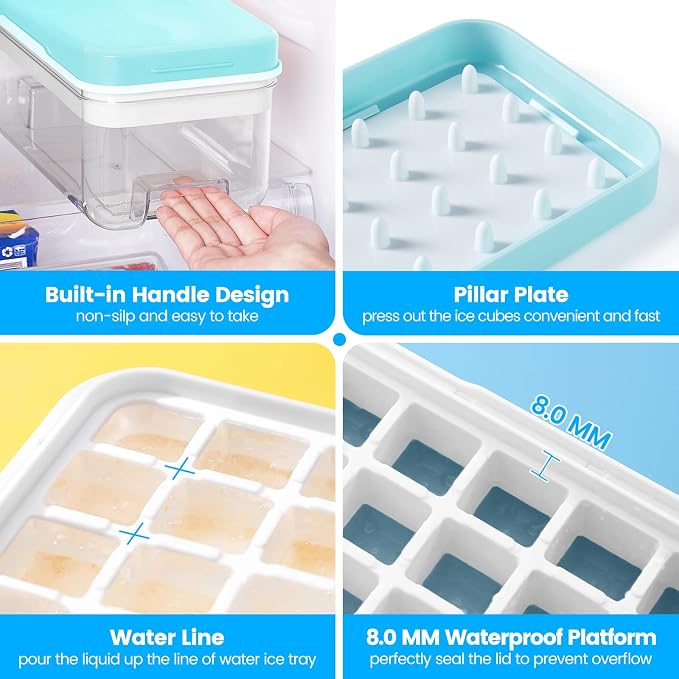 1.0" Ice Cube Tray with Lid and Bin, PHINOX 64 Cubes Ice Trays for Freezer, Ice Cube Trays for Freezer with 2 trays, Container, Lid & Ice Scoop, BPA Free, Blue(32Cubes/Tier)