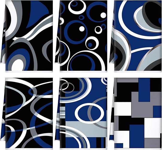 Boyiee 6 Pcs Modern Geometric Kitchen Towels | Black Gray Blue Dish Hand Towels, 24 x 16 Inches Gifts, Geometric Decorative Tea Cloth Gifts for Farmhouse Kitchen Bathroom