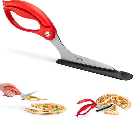 Dreamfarm Scizza 2-In-1 Easy Ergonomic Pizza Scissors with Stainless Steel Pizza Cutter Blades & Non-Stick Slice Server - Red | Cuts and serves pizza with non-scratch, heat resistant serving base, spring-loaded German stainless steel blades