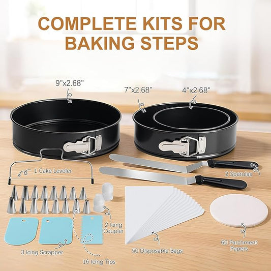 WERTIOO 138pcs Springform Cake Pan Sets for Baking with Cake Decorating Kit, 3 Round Non-Stick Cake Pans Set (4, 7, 9 inches), Leak-Proof Cheesecake Baking Pans with Icing Tips, Cake Leveler & eBook