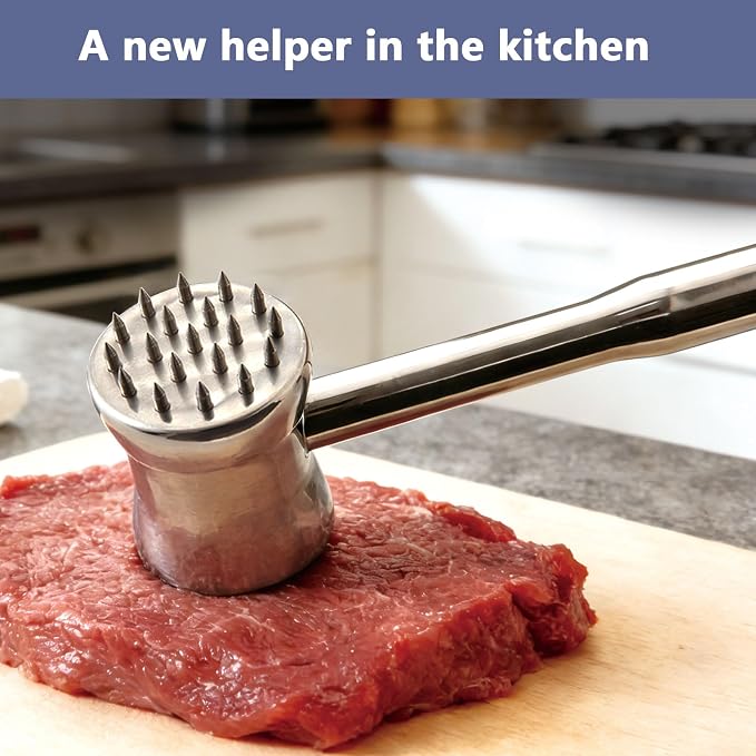 Dual-Sided 2-in-1 Stainless Steel Meat Tenderizer Tool, Meat Mallet Hammer with Meat Tenderizer Needles, Professional Kitchen Tool for Tenderizing Steak, Chicken and Beef, Easy-Grip Easy to Clean