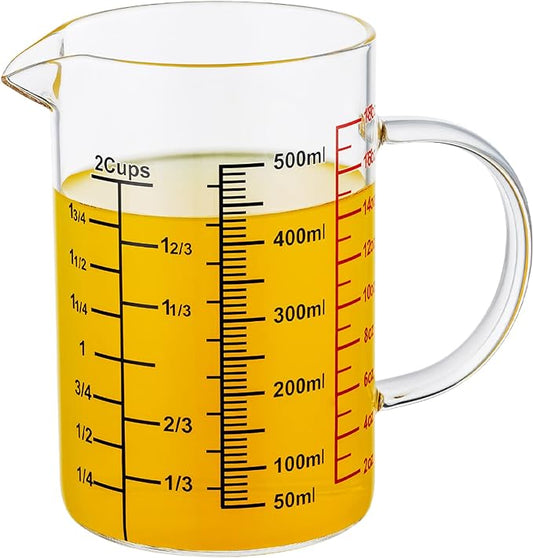 Ackers BORO3.3 Glass Measuring Cup-[Insulated handle | V-Shaped Spout]-Made of High Borosilicate Glass Measuring Cup for Kitchen or Restaurant, Easy to Read, 500 ML (16 Oz, 2 Cup)