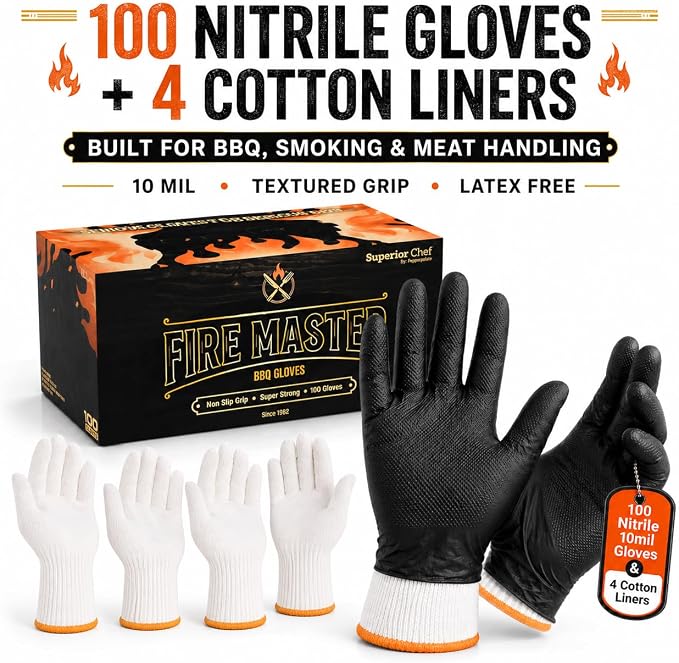 PepperMate BBQ Gloves Disposable, 100 Nitrile Gloves + 4 Cotton Liners, 10 Mil Heat Resistant for Grilling, Smoking, Cooking and Meat Handling, Non-Slip Grip, Heavy Duty, Latex Free, Food Safe, Large