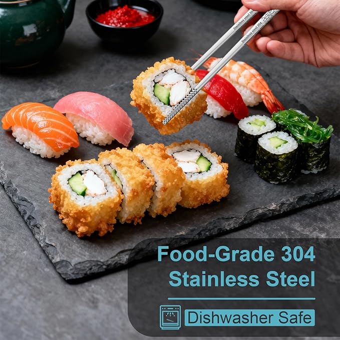 Reusable Metal Chopsticks – Premium 304 Stainless Steel, Non-Slip & Dishwasher Safe – Lightweight, Durable, Japanese & Korean Style – 5 Pairs, 9.25 Inches, Elegant Gift Set