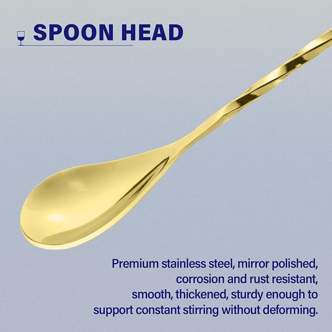 BRIOUT 2 Pcs Bar Spoon, 12 Inches Long Handle Drink Stirrer, Stainless Steel Bar Cocktail Mixing Spoons with Round Base for Stirring, Gold