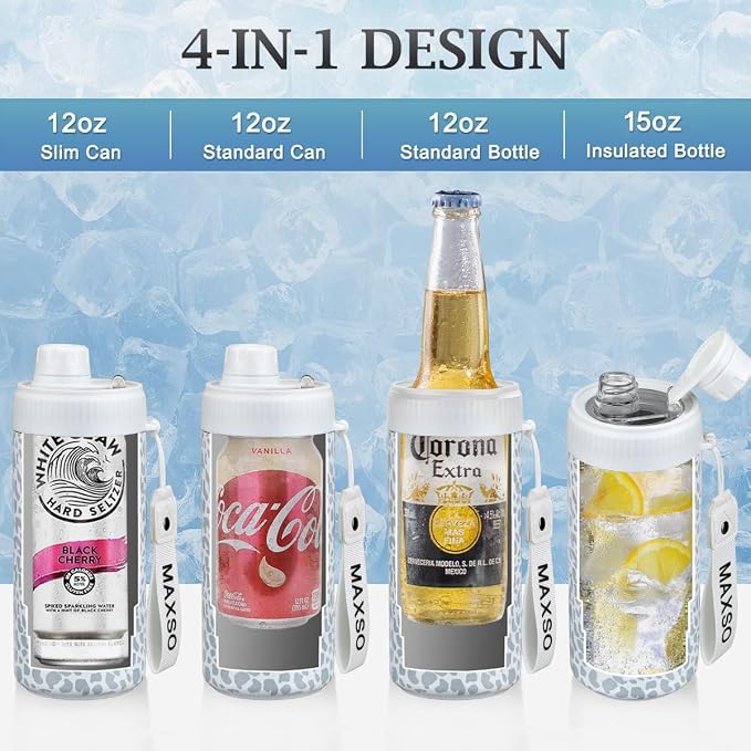 MAXSO Sealed Can Cooler Fizz Lid Can Cover for 12 oz Regular, Slim Skinny Cans & As Thermal Bottle, 4-in-1 Insulated Vacuum Stainless Steel Carbonated Cold Drink Holder - Leopard