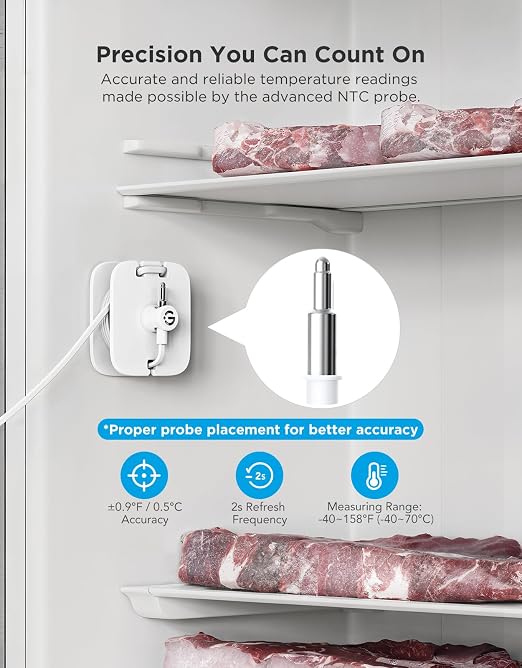 GoveeLife WiFi Refrigerator Thermometer Sensor with Alarm, 1-Pack & Gateway | Monitor fridge/freezer temp remotely with app alerts & buzzer 230ft range. For kitchen/hot tub, only support 2.4G Wi-Fi