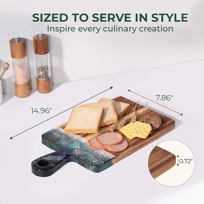 Acacia Wood Serving Board with Handle, 15" x 7.9" Dual-Sided Resin Art Tray for Display & Prep, Handcrafted Cutting Board, Includes Stand & Loofah, Christmas Housewarming Gift (Rectangular)