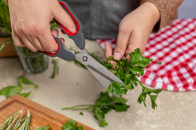 Kuhn Rikon Kitchen Shears Universal | Herb Stripper, Twist-Off Lid Opener, Micro-Serrated Blades, Self-Sharpening Blade