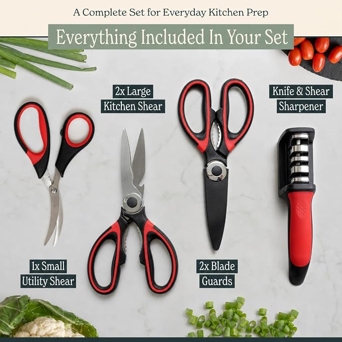 Heavy Duty Kitchen Shears With Sharpener - Lifetime Replacement Warranty* - Multipurpose Stainless Steel Scissors for Food - Sharp Food-Grade Kitchen Scissor for Meat, Seafood, Poultry - Set (Red)