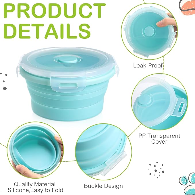 4 Pcs Collapsible Bowls with Lids Silicone Camping Food Storage Container Expandable Folding Salad Lunch Box Travel Container for Hiking Camping