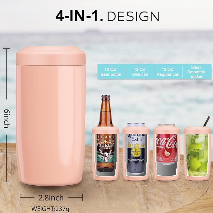 4-in-1 Slim Can Cooler Easy to Hold Insulated Beer Can Holder Double-walled Stainless Steel for All 12 Oz Cans Gift (Jelly Pink)