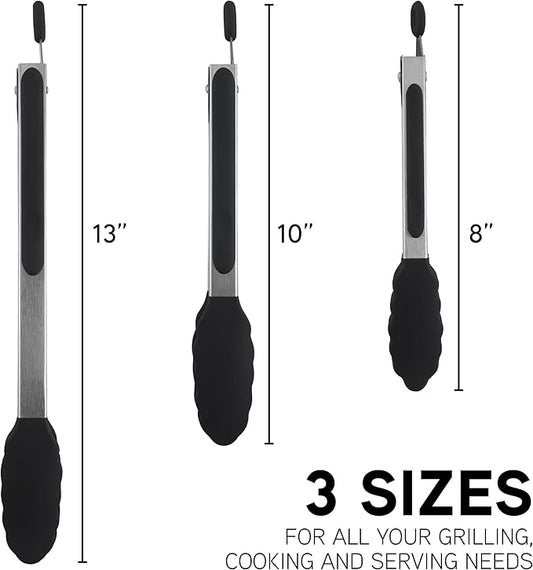 COOK WITH COLOR Stainless Steel Silicone Tipped Kitchen & BBQ Tongs Set, 3 Pc. Tongs, Black