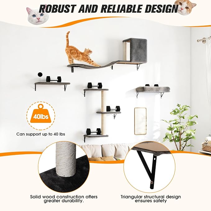 5 Pcs Wooden Indoor Cat Climber - Wall-Mounted Shelves, Perches, Scratching Board, Cat Ladder & Cat Tree - Grey
