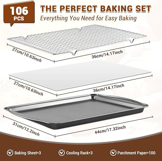 BEWOS Baking Sheet Pans With Racks Set - Including 17.6 × 12 × 1.26 Inch Carbon Steel Baking Sheet, Set of 106 (3 Sheets + 3 Cooling Racks + 100 Parchment Paper), Nonstick Bakeware sets for Baking