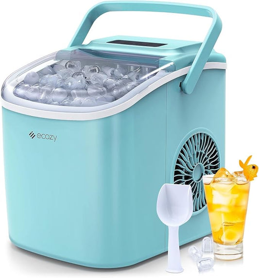 ecozy Portable Ice Maker Countertop, 9 Cubes Ready in 6 Mins, 26 lbs in 24 Hours, Self-Cleaning Machine with Ice Bags/Standing Ice Scoop/Ice Basket for Kitchen Office Bar Party, Aqua