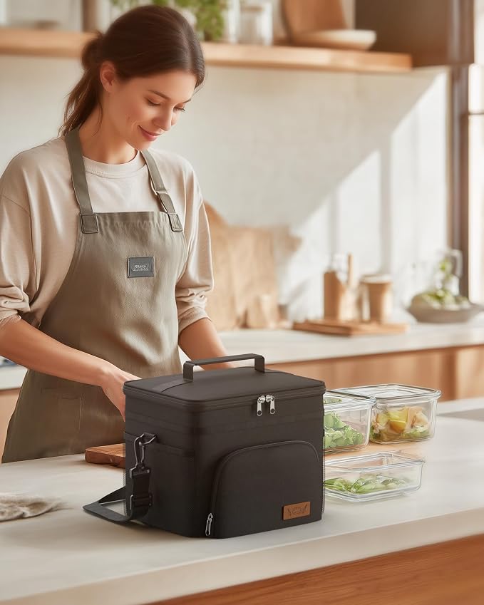 HOTOR Insulated Lunch Box Men Women Leak-Proof Cooler Lunch Bag 9L | 4 Pockets, Adjustable Strap, Ideal for Work, Picnic, Travel, Camping, Gift, Black