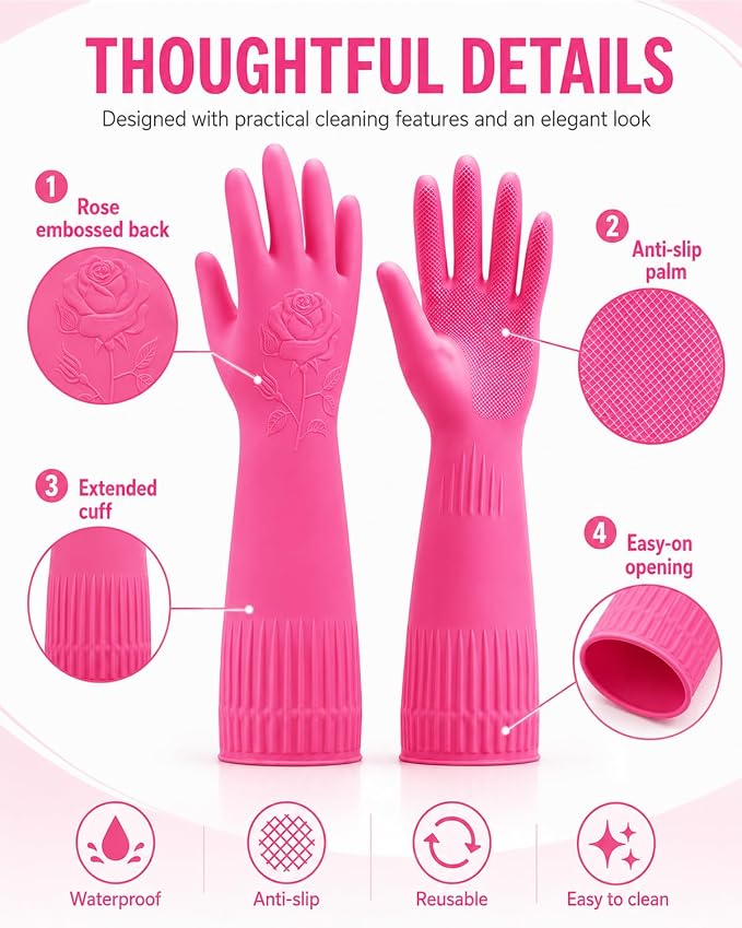 Disfore Rubber-Gloves Dishwashing Gloves for Cleaning-Kitchen - 2 Pairs Long Household Cleaning Gloves for Washing Dishes