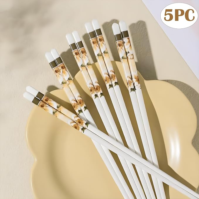 Ceramic Chopsticks Reusable,5 Pairs Porcelain Chop sticks,Camellia,9.7'' | Easy to Clean,Dishwasher Safe,Heat Resistant,with a Gift case,Cooking Chopsticks,High-grade Bone China Porcelain