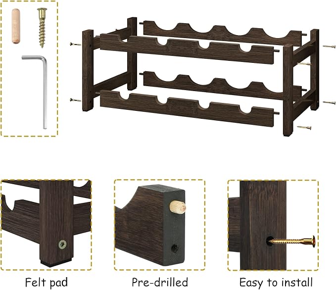 BAMEOS Wine Rack Freestanding 2 Tier 8 Bottle Bamboo Wine Racks Countertop Cabinet Wine Holder Wine Storage Shelf for, Bar, Pantry Wine Cellar Basement Countertop Mocha (16.85 L x 9.25W x 7H