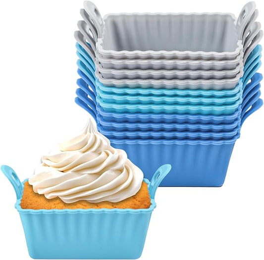 Koluti Nonstick Silicone Muffin Baking Cups Pack of 12, Reusable Cupcake Molds with Double Handle, BPA Free, Mini Rectangle Air Fryer Cupcakes Liner, 3 Colors