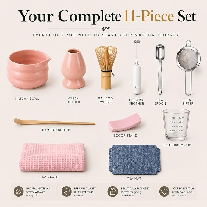 BARISTA EMPEROR® MATCHA WHISK SET PREMIUM 11pcs - Professional Matcha Kit Set with Matcha Bowl, Matcha Whisk, Milk Frother, Spoon, Sifter, Scoop, Stand, Cup, Mat - Aesthetic Pink Matcha Set Kit