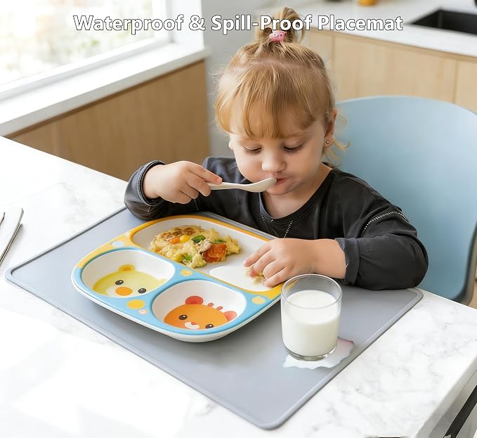 IYYI Silicone Placemats, Dining Placemats Set of 4, Waterproof Placemats for Kids, Heat Resistant Non-Slip Silicone Mats for Dinner Table, Dishwasher Safe (Light Gray, 18.9×11.8)