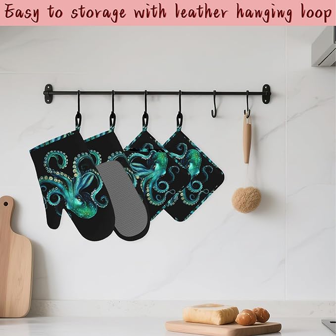 Octopus Silicone Oven Mitts and Pot Holders,Heat-Resistant 4 Piece Kitchen Set Non-Slip Oven Gloves and Hot Pads for Cooking, Baking, Grilling,BBQ