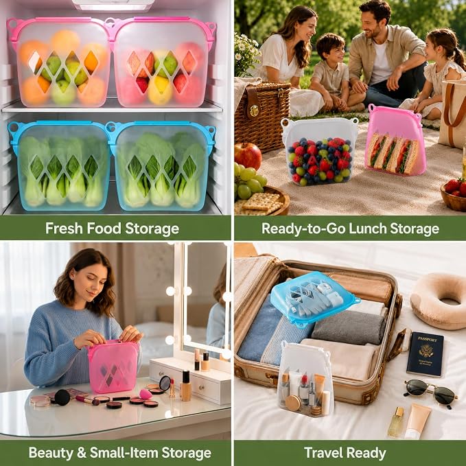 Yosmer Reusable Silicone Food Storage Bag, 50oz/1500ml Food-Grade Silicone Stand-Up Bag with Magnetic Self-Sealing Opening, Clear Windows, Freezer & Dishwasher Safe, Aqua, 1 Pack