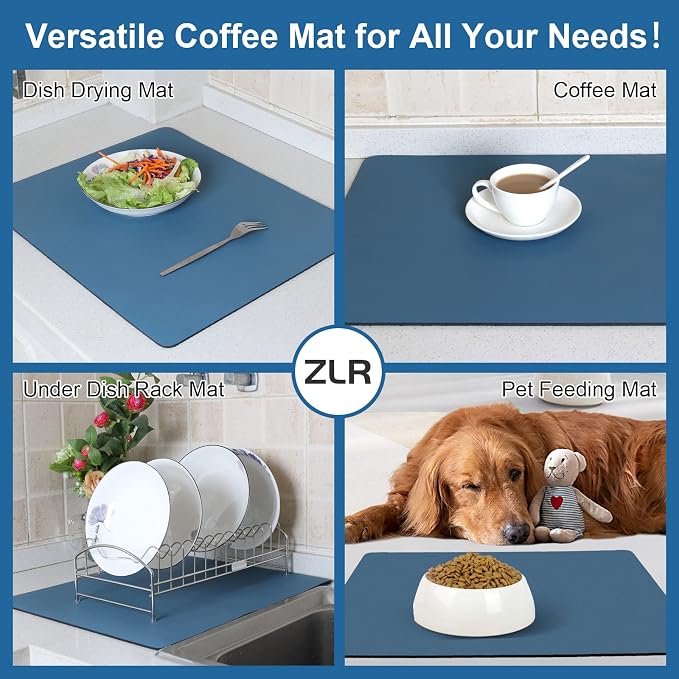 ZLR Coffee Bar Mat for Coffee Station, 16"x20" Large, Navy Blue | Absorbent Dish Drying Mat, Stain-Hiding Top, Non-Slip Back, Fits Espresso, Grinder, Knock Box, Frother & Cup Display