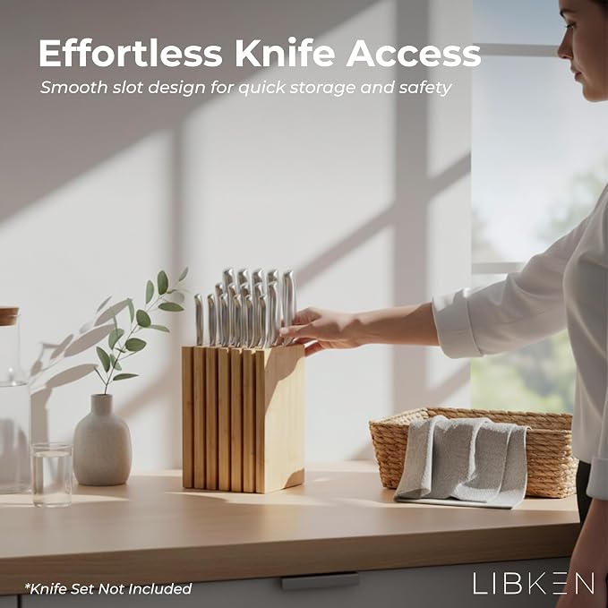 Bamboo Knife Block – Minimal Scandinavian Design, Universal Knife Holder with 6 Slots for Up to 18 Knives – Fits Paring, Chef, Steak, Butcher Knives & Scissors, Countertop Knife Block