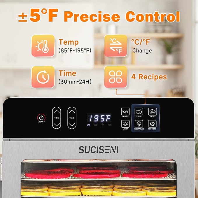 SUCISENI Food Dehydrator Machine for Jerky 11ft², 12 Trays 1000W Stainless Steel Dehydrator with 24H Timer 195℉ Temperature Control, Food Dryer Dehydrated for Meat, Fruits, Veggies, Dog Treats