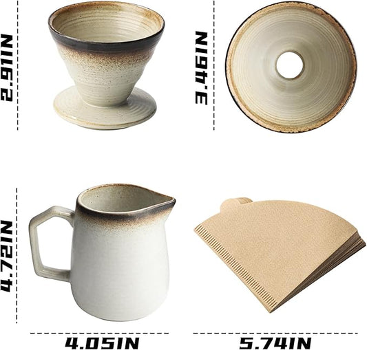 Pour Over Coffee Maker, Ceramic Coffee Dripper 20oz/620ml, with 50 pcs V60 Paper Filter, Drip Coffee Brewer, Vintage-Style (white, 1)