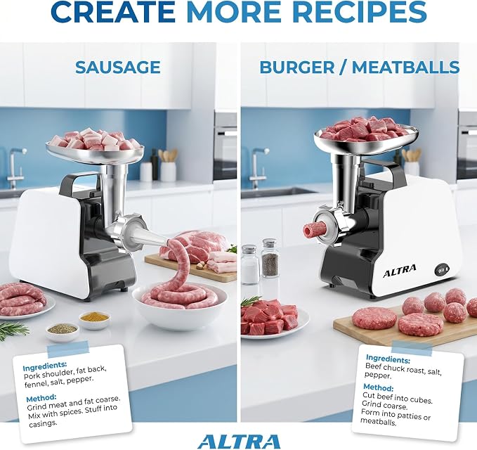 Electric Meat Grinder, 2300W Max, Heavy Duty Sausage Stuffer with 2 Blades, 3 Grinding Plates, Sausage Tube & Kubbe Kit, Home Kitchen Meat Mincer with Handle (Black)