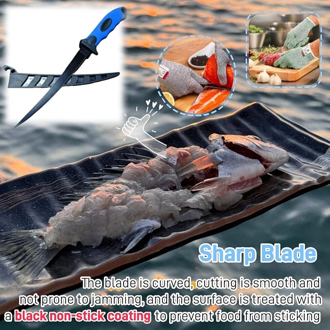 Fishing Knife Set, Fish Cleaning Kit, Filet Knife for Fish, Fish Scale Cleaning Brush, Multi-Functional Scissors, Gloves, Fishbone Tweezers, Storage Bag,Fishing Accessories,Fishing Tool Kit