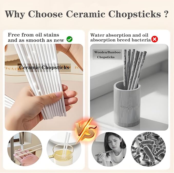 Ceramic Chopsticks Reusable 5PC,Porcelain Chop Sticks,Blue White,9.7'' | Easy to Clean,Dishwasher Safe,Heat Resistant,5 Pairs,with a Gift case,Cooking Chopsticks,High-grade Bone China Porcelain