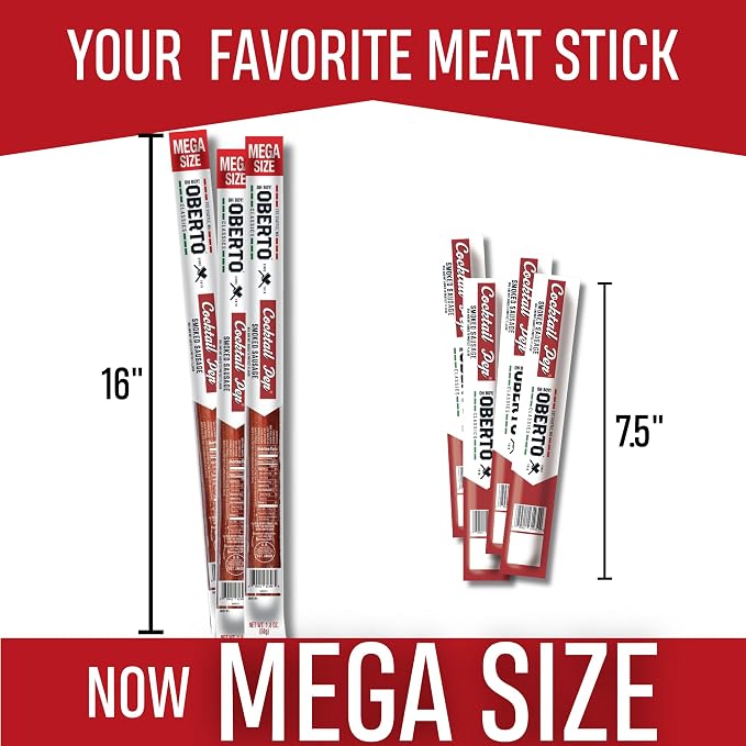 Oberto Classics Cocktail Pep Smoked Sausage Mega Size, Oh Boy! Oberto Beef & Pork Sausage XL Meat Stick, Peperoni Style Protein Snacks, 1.8 Ounce (Pack of 20)