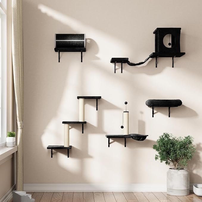 NUNU LAB 7-in-1 Cat Wall Shelves, Wall Mounted Cat Climber Set, Cat Furniture with House, Tunnel, Bridge, Steps, Scratcher, Hammock, Shelves for Indoor, Black