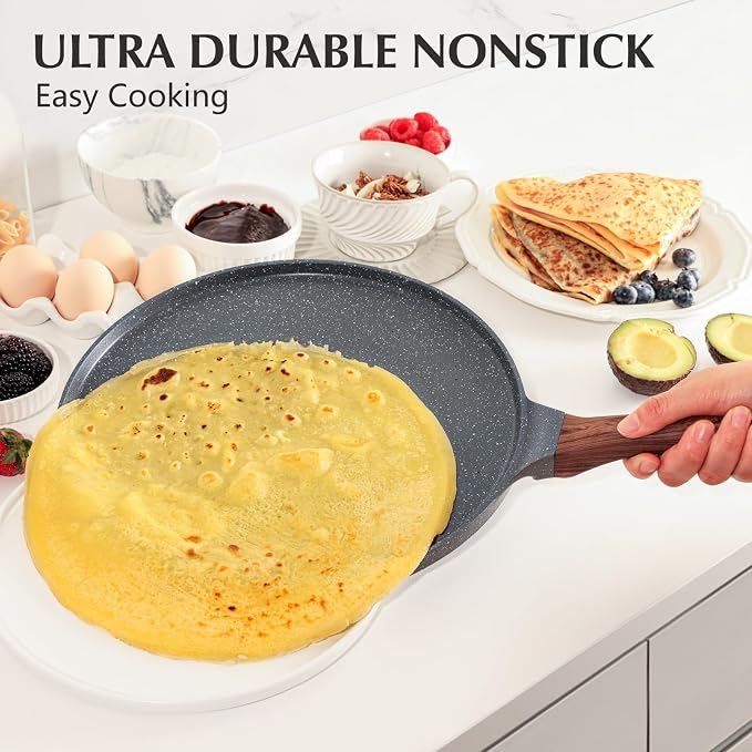 SENSARTE Nonstick Crepe Pan, Swiss Granite Coating Dosa Pan Pancake Flat Skillet Tawa Griddle 10-Inch with Stay-Cool Handle, Induction Compatible (Pack of 2)