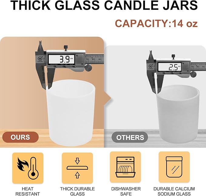 14 OZ Thick Candle Jars for Making Candles 12 Pcs, 3 Wick Empty Jars with Wood Lids for Candle Making, Sample Container,Matte White