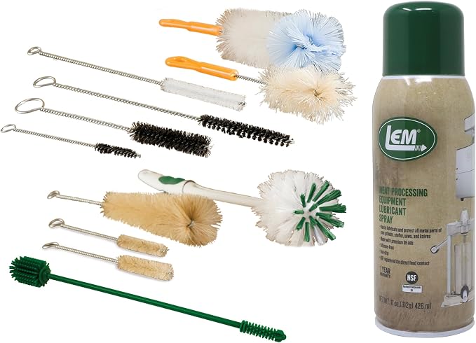 LEM Products Stuffer Cleaning Kit, Brushes and Lubricant Spray | 10 Assorted Cleaning Brushes and Dual-End Silicone Brush to Reach Tight Spaces, 11 Oz Can Lubricant Spray (Food-Grade)