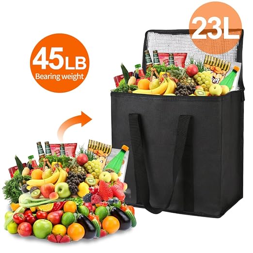 Bodaon 2-Pack Insulated Reusable Grocery Shopping Bags, Medium, Black, | Picnic Cooler Bag with Zippered Top Cold, Insulated Food Delivery Bag for Commercial Rideshare, Collapsible Tote Bags, Picnic