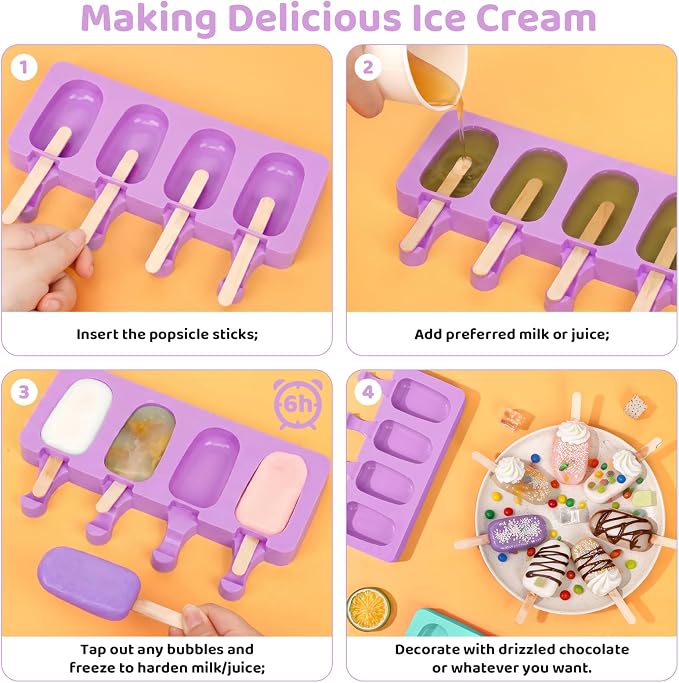 Ouddy Life Popsicle Molds Set of 2, Ice Pop Molds Silicone 4 Cavities Ice Cream Oval Cake Pop Mold with 50 Wooden Sticks for DIY Popsicle, Purple Green
