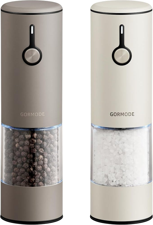 Stainless Steel Rechargeable Electric Salt and Pepper Grinder Set – USB Charging, One-Hand Electric Mill, Adjustable Coarseness, LED Light & Dust Cover –2pack(Greige & Buttercream)