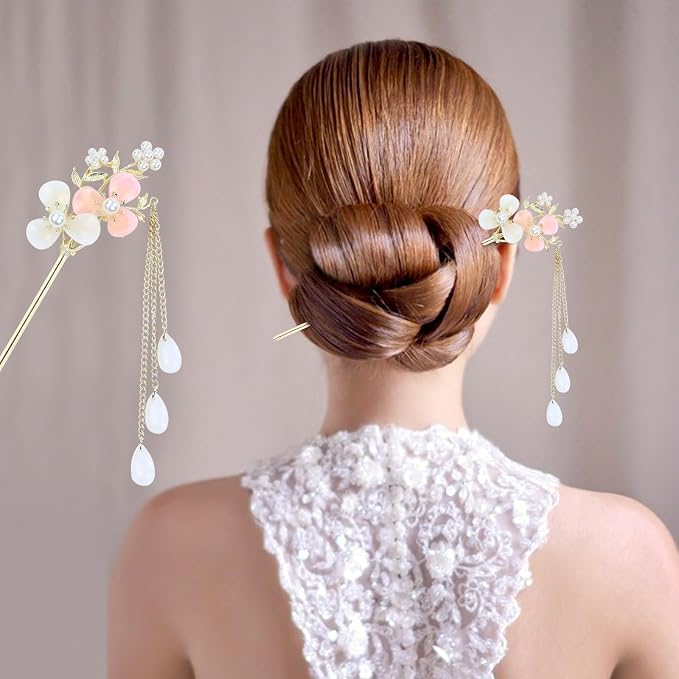 inSowni 8 Pieces Retro Vintage Asian Japanese Chinese Hanfu Gold Metal Flower Hair Sticks with Pearl Pendants Fishtail Lotus Butterfly Long Hair Pins Forks Chopsticks Bun Updo Holders for Women Girls